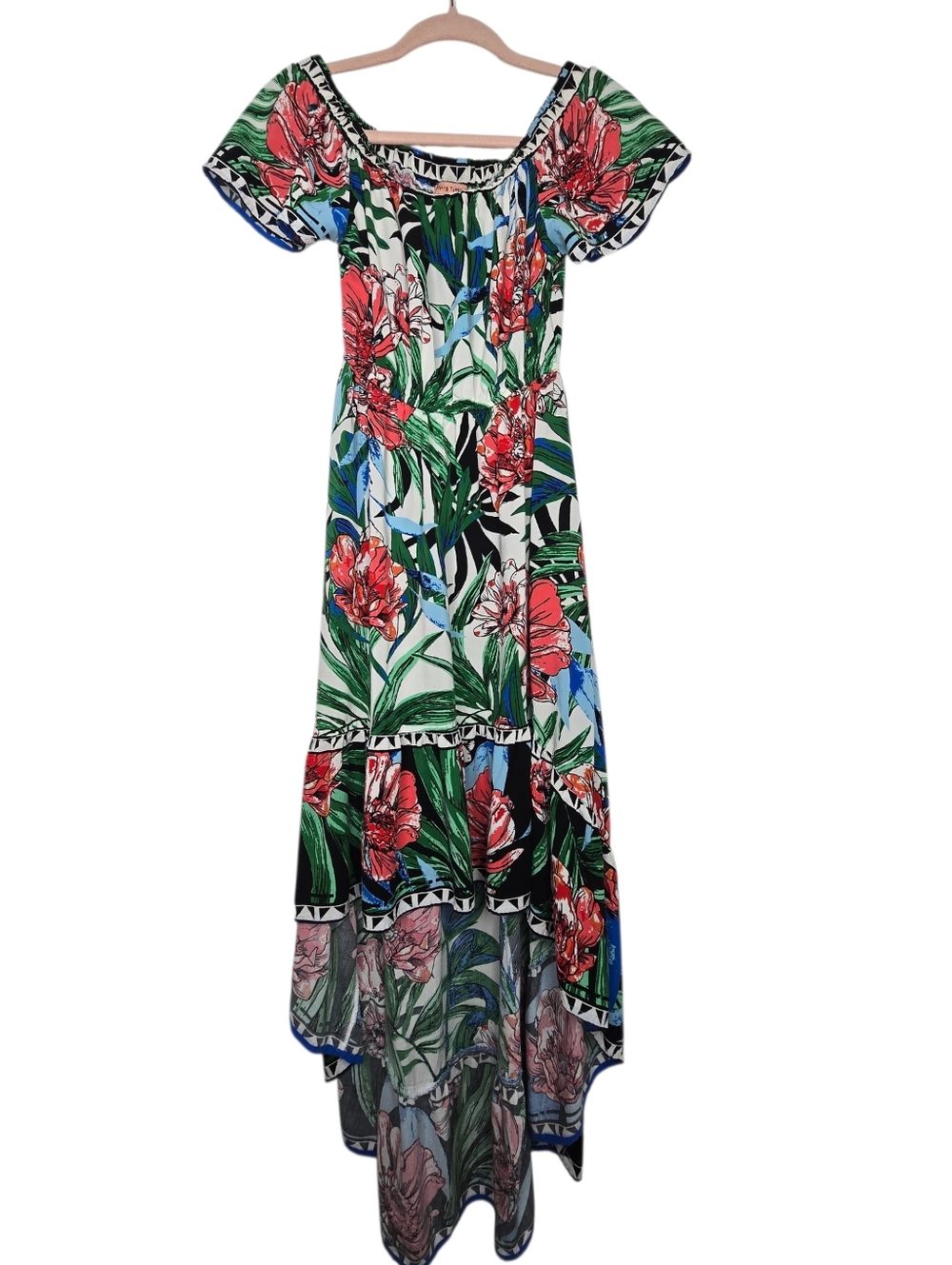 Flying Tomato brand tropical floral print off-shoulder high-low dress